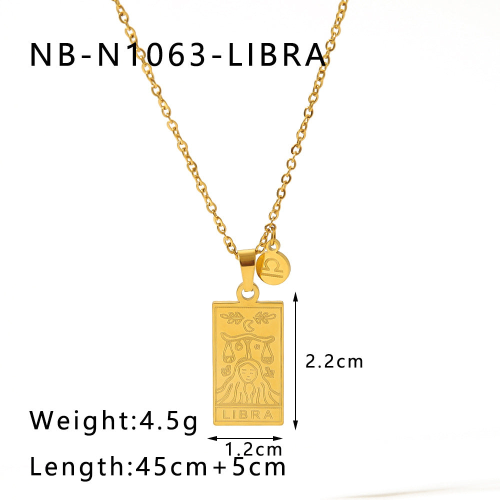 1109# Stainless steel twelve constellations simple necklace 18k gold plated square pendant titanium steel clavicle chain for women