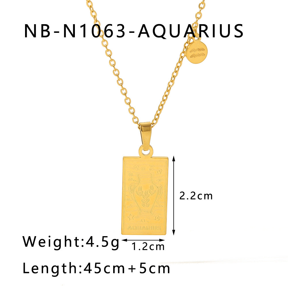 1109# Stainless steel twelve constellations simple necklace 18k gold plated square pendant titanium steel clavicle chain for women