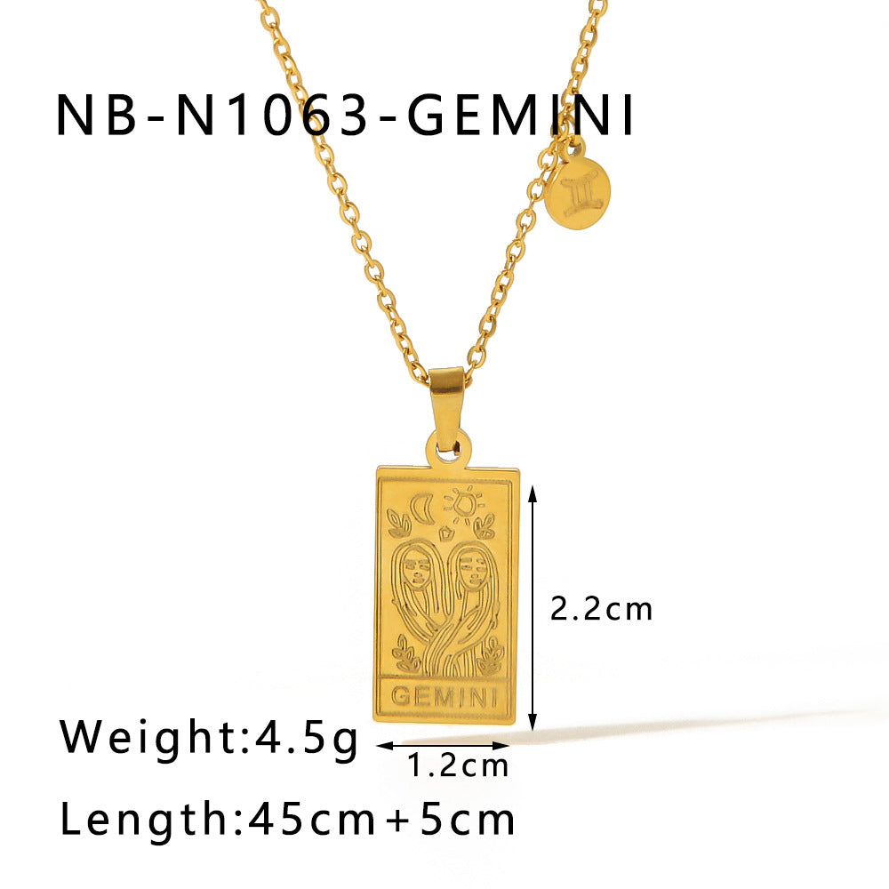 1109# Stainless steel twelve constellations simple necklace 18k gold plated square pendant titanium steel clavicle chain for women
