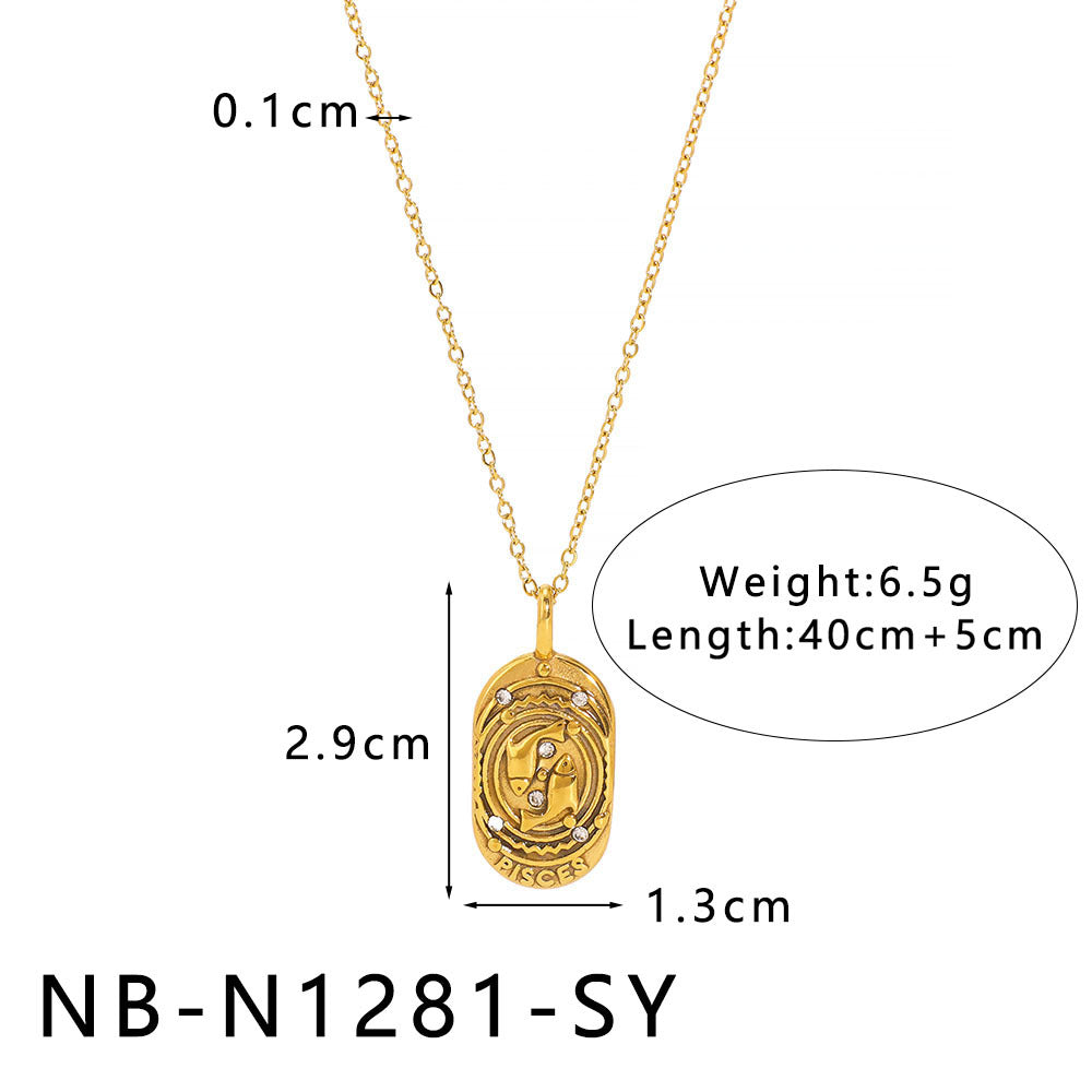 1110# Light luxury square twelve constellations casting pendant necklace stainless steel diamond neck jewelry