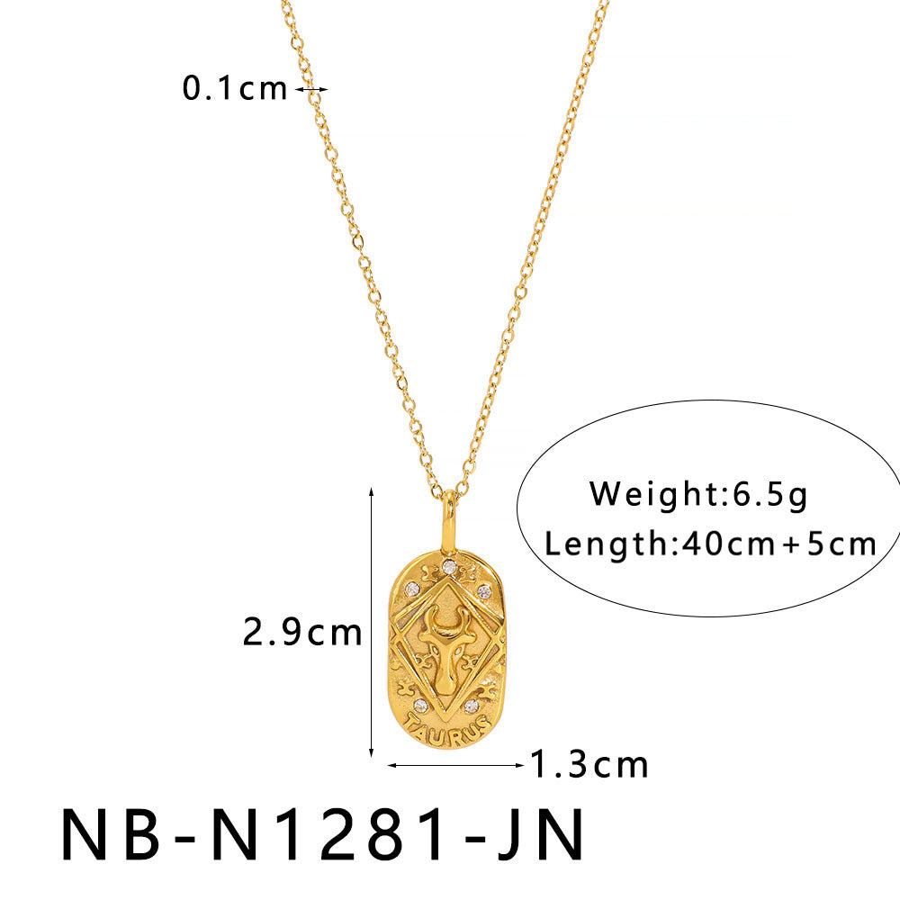 1110# Light luxury square twelve constellations casting pendant necklace stainless steel diamond neck jewelry