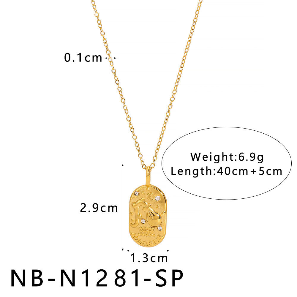 1110# Light luxury square twelve constellations casting pendant necklace stainless steel diamond neck jewelry
